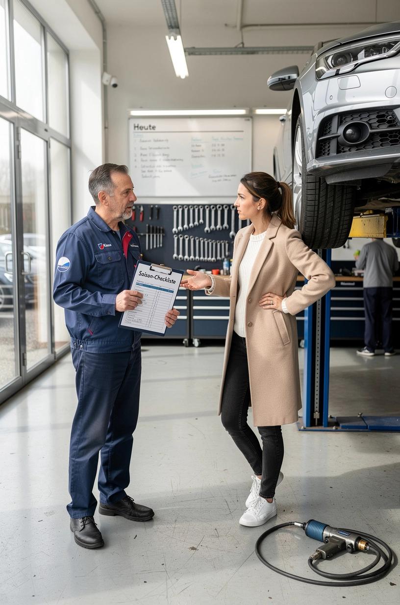 Nahaufnahme eines Autoservices mit Mechaniker, der Reifen überprüft, um saisonale Wartung und Sicherheit vor der Fahrzeuguntersuchung zu gewährleisten
