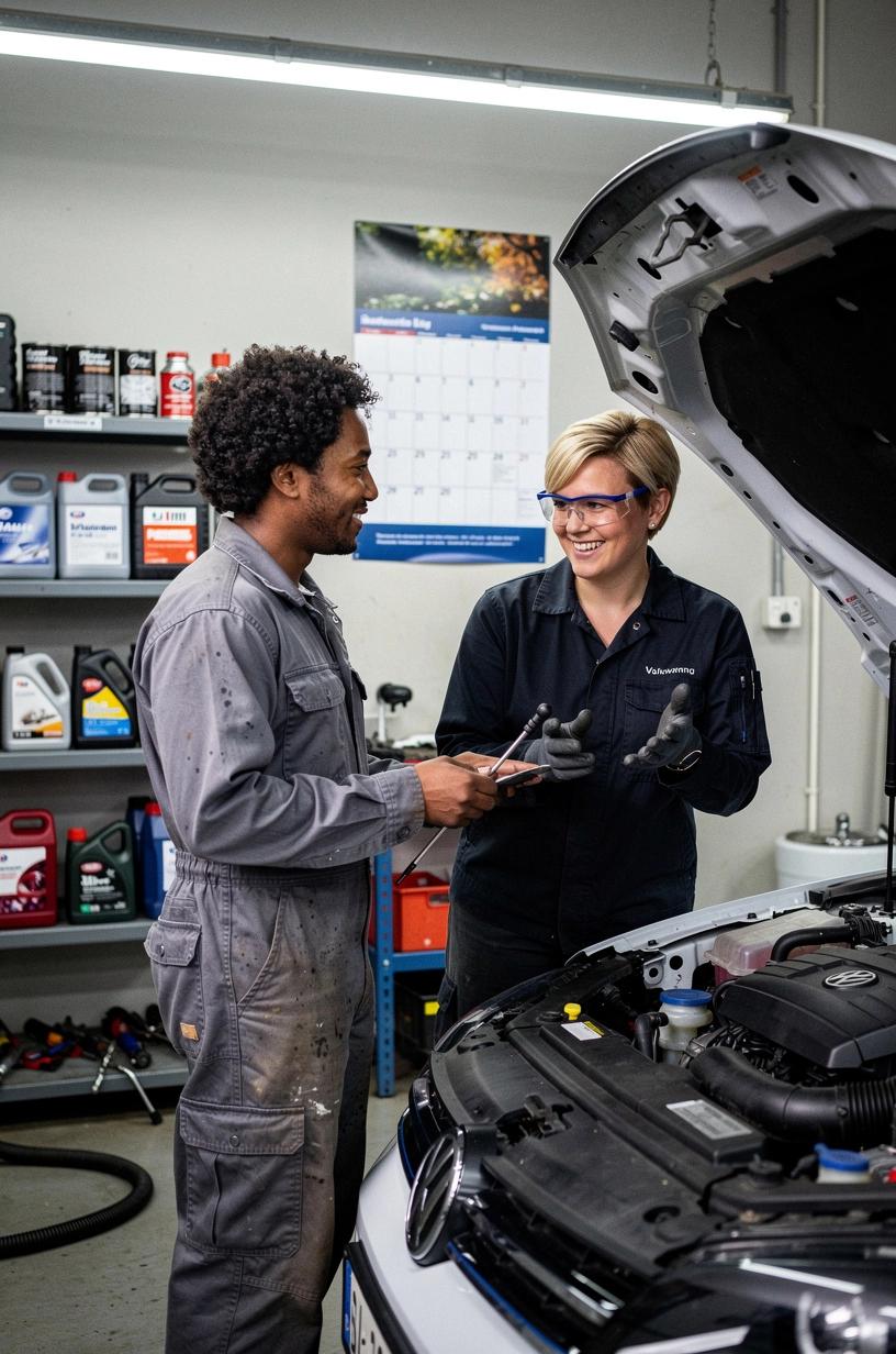 Nahaufnahme eines professionellen Fahrzeugmechanikers, der sorgfältig Reifenprofil und Bremsbeläge für die saisonale Wartung überprüft.